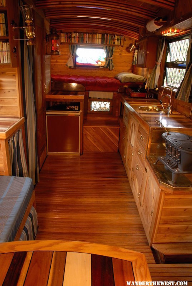 Interior of custom wood ceder truck camper