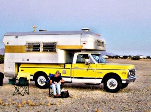 Chevy Truck Silver Streak Camper Sitting at Camp
